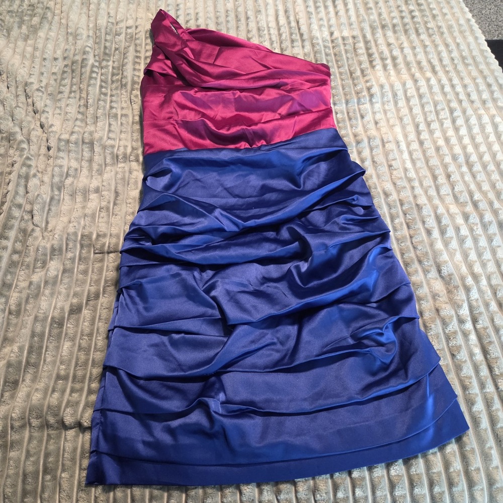 Express Womens 2 Scrunched One Shoulder Fitted Blue Pink 90s Satin Sheath Dress